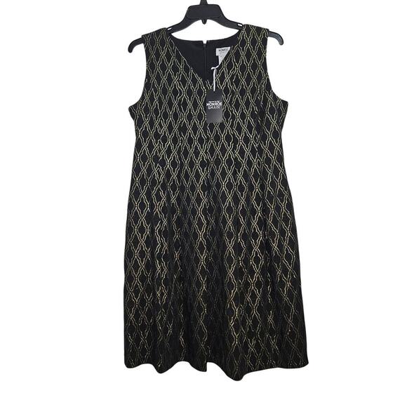 NWT! Black/Gold Sparkle Pleated Stretch A-Line Monroe & Main Midi Dress. Size 14 - Picture 1 of 6